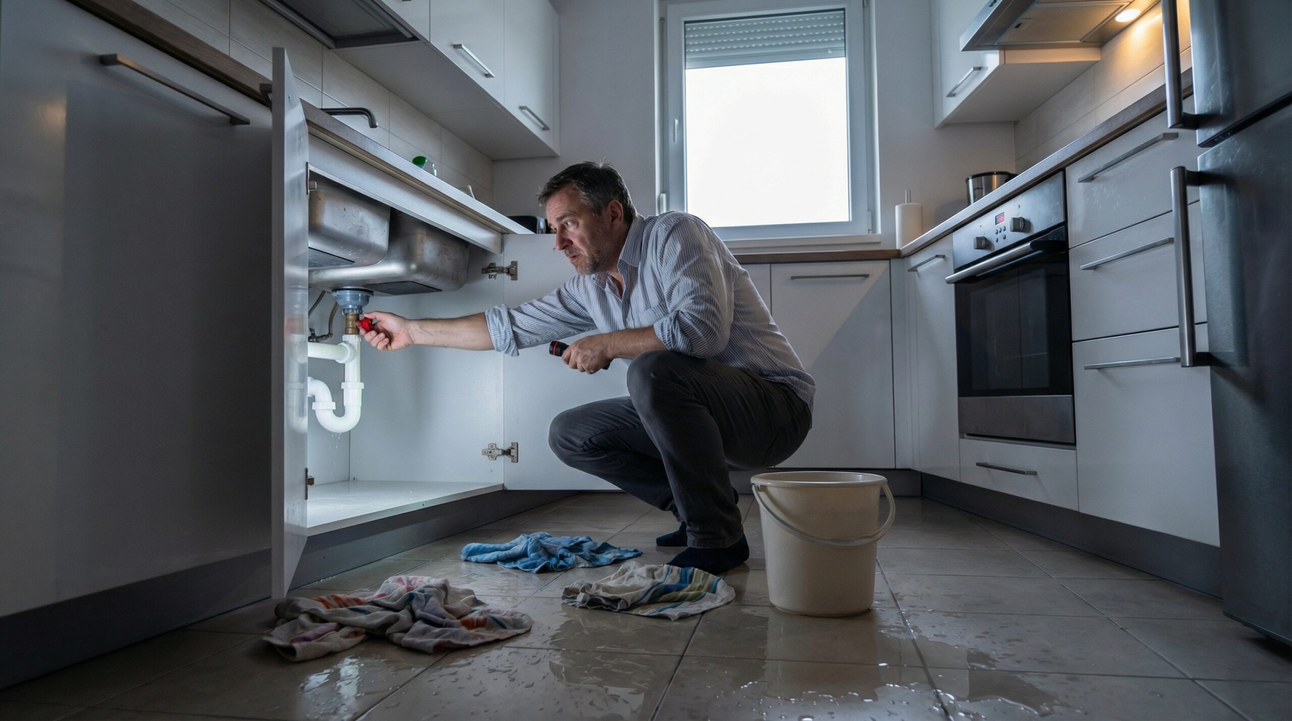 Човек спира авариен теч под мивка